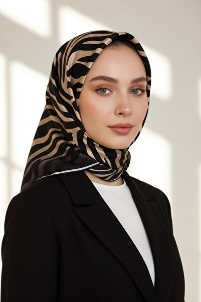 Vissona %100 Twill İpek Zebra Desenli Bej - Siyah Renkli 90x90 Eşarp Dikim Şe...