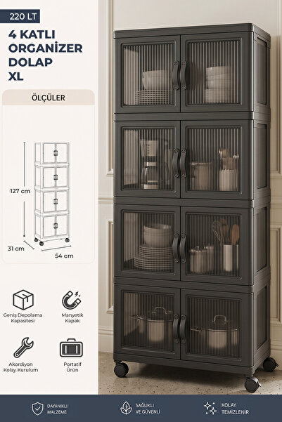 Kitchen Life 4'lü Portatif Istiflenebilir Tekerlekli Organizer Dolap Plastik ...