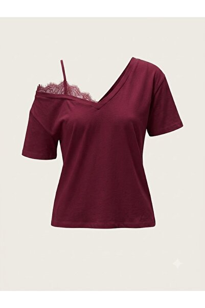 Bade Butik Bordo V Yaka Dantel Detaylı Tişört
