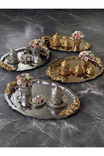 Elzemm store 20*25 CM OVAL 2 GOLD 2 GÜMÜŞ KULPLU MODEL SUNUM TEPSİSİ