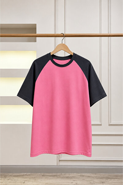 CLAYES Pink Body Smoked Raglan Sleeve Single Jersey T-Shirt - Oversize Crew N...