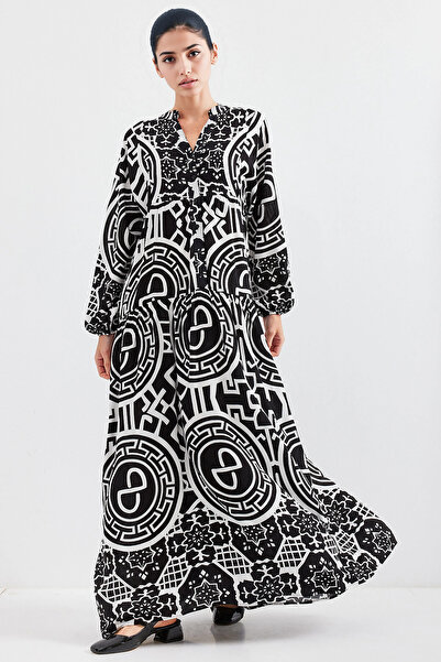 Merterium Women's Patterned Hijab Dress Black White 1010