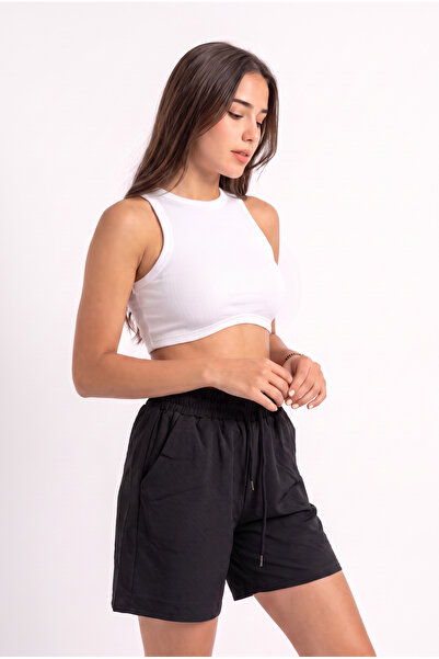 WeShaya Women's Black Cotton Drawstring Belted Tie-Up Shorts with Elastic Wai...