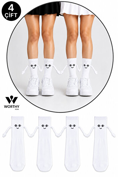 WORTHY SOCKS 4 Çift Beyaz Mıknatıslı El Ele Tutuşan Çorap Arkadaşlık Spor Çorabı
