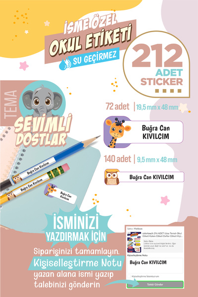 colortouch 212 ADET Sevimli Dostlar Temalı Okul Etiketi Sticker Kalem Etiket ...