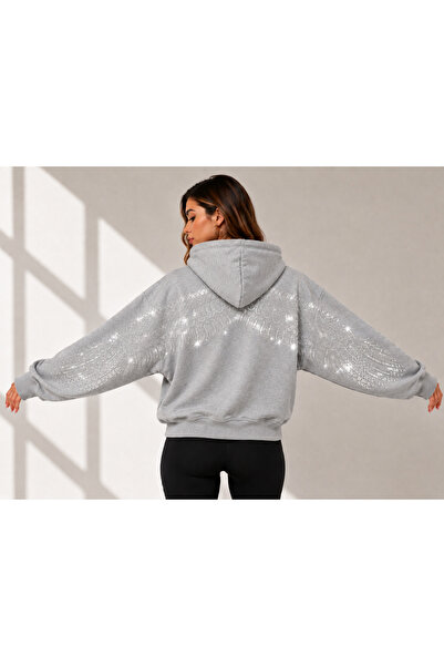 MOONBULL Kadın Sırt Taş Baskı Detaylı Kapüşonlu Sweatshirt