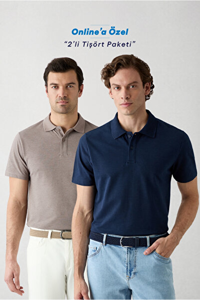 Kiğılı Düğmeli Polo Yaka Regular Fit Pamuklu Düz 2'li Paket Tişört Seti