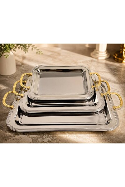 aljahwari Set of 3 Serving Trays, Two-Tone Nickel T1945/3/Ngh
