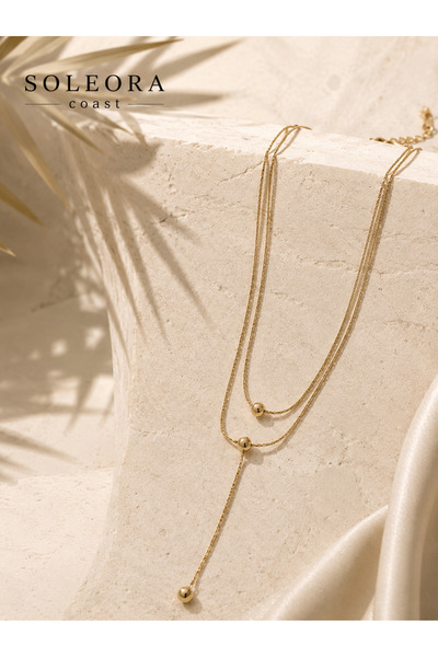 SOLÉORA COAST Çelik Çift Katmanlı Top Detaylı Y Kolye – Gold Renk