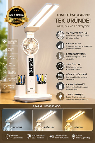 Kerasus LED Masa Lambası Mini Vantilatör Dijital Saat Şarjlı Katlanabilir Dok...
