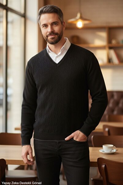 Kamalı Men's Black Anti-Pilling Standard Fit Regular Cut V-Neck Knit Sweater