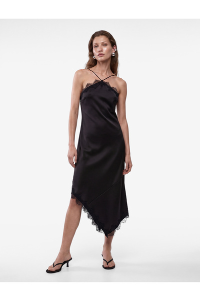 Koton Asymmetrical Cut Sleeveless Halter Neck Lace Detailed Midi Satin Dress