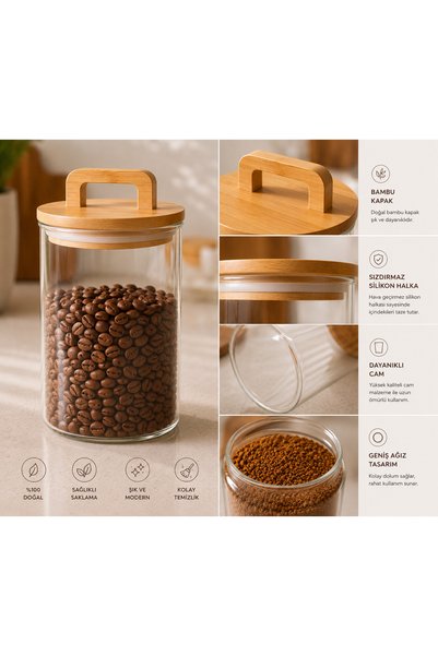 Durina Living 3-Piece Glass Jar with Bamboo Handle and Lid 750 ml – Tea Coffee Salt Sugar Storage Jar Set