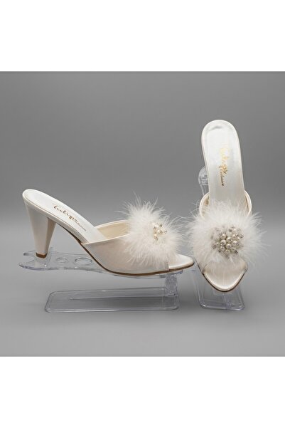 Ceyyiz Tulips Heeled Ecru Goose Feather Women's Slippers