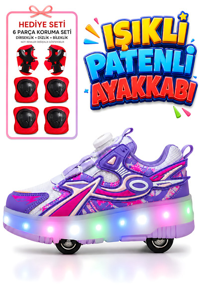 VestioStore Mor Pembe Çocuk Tekerlekli Işıklı Otomatik Bağcık Mekanizmalı Spo...
