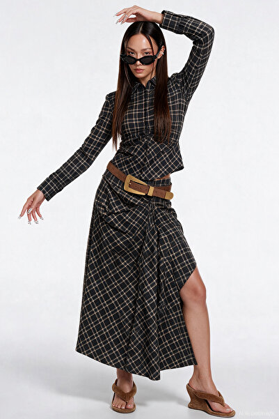 Quzu Plaid Draped Midi Skirt Brown