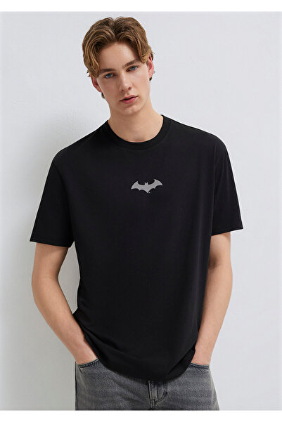 Mavi Batman Baskılı Siyah Tişört Loose Fit / Bol Rahat Kesim 066878-900