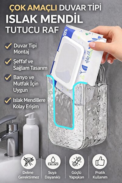 Ecuy Islak Mendil Kutusu Duvara Monte Raf Yapışkanlı Banyo Mutfak Organizer Ş...