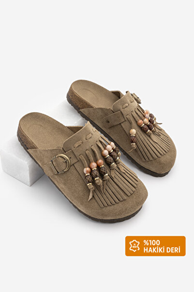 Marjin Γυναικείες παντόφλες Sabo από γνήσιο δέρμα Eva με φούντες, κλειστό μπρ...