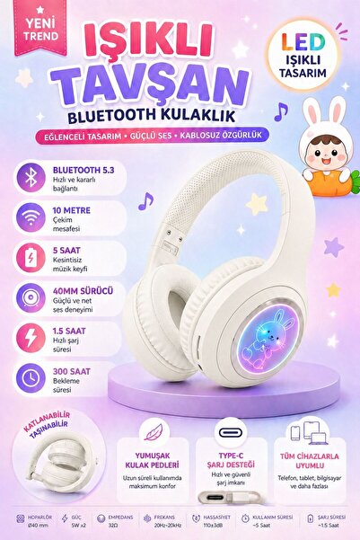 kawigo Işıklı Tavşan Bluetooth Kulaklık LED Tasarım Kablosuz Kulaklık Çocuk K...