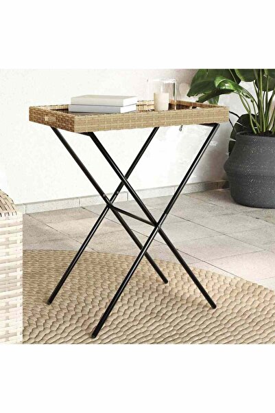 vidaxl Πτυσσόμενο Τραπεζάκι-Δίσκος Μπεζ 65x40x75 εκ. Συνθετικό Ρατάν 365130