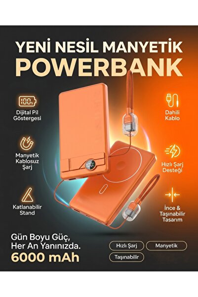 MATECHNO 6000 mAh Manyetik Kablosuz Magsafe Uyumlu Powerbank - Dahili Kablolu...