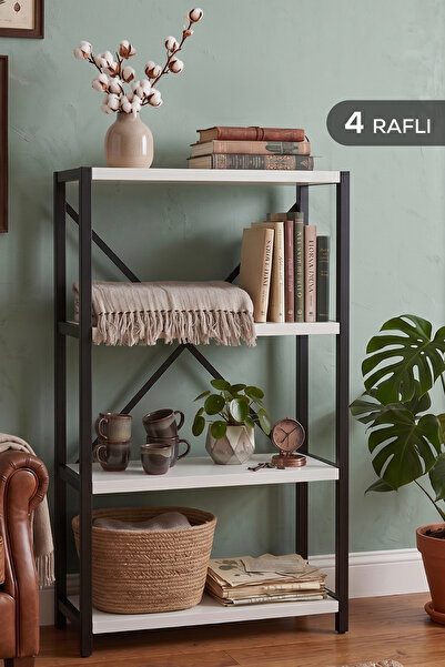 Vienev 4 Raflı Metal Dolap - Metal ve Ahşap Kitaplık, Mutfak Rafı 120x60 Siya...