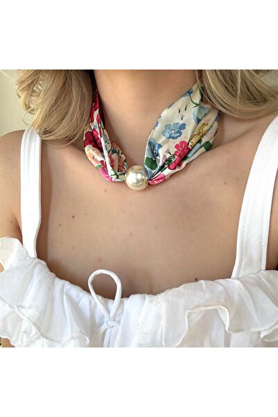Alice İsstanbul Floral Patterned Pearl Scarf Necklace