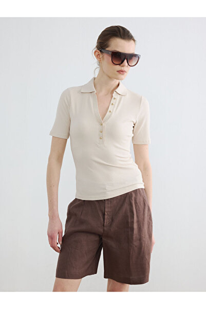 LC Waikiki Vizyon New Season Ecru Polo Collar Women's Ribbed T-Shirt