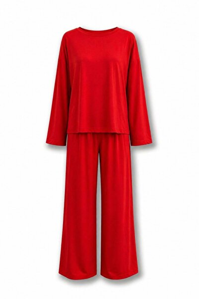 5in1Canpolat Red Crew Neck Pajama Set 0009