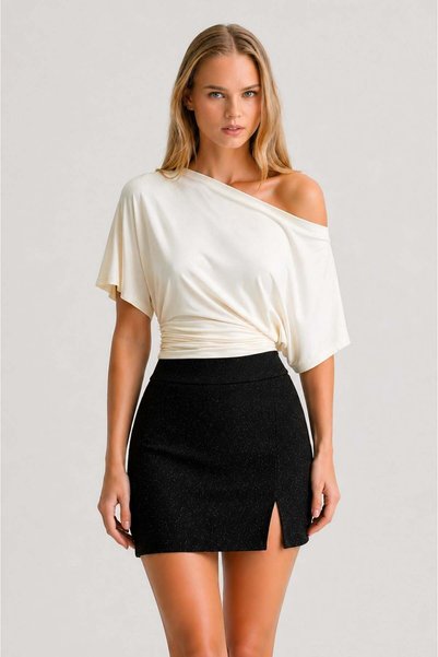 Baluxe Glittery Knitted Slit Mini Skirt