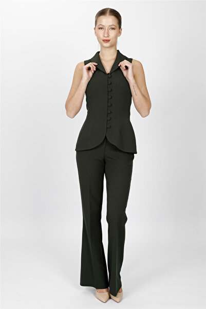 ÖNDER ÖZSOY Shawl Collar Patchwork Vest Set 1536506-Khaki - 1536506