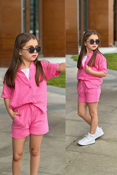 Minigimin Cicileri طقم بناتي من قميص الموسلين وشورت من مينيجيمين سيكليز - وردي