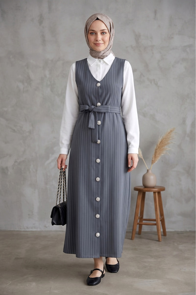 FERHEL Γυναικείο ολόσωμο κολάν με κουμπιά και ζώνη με λαιμόκοψη V - Γκρι