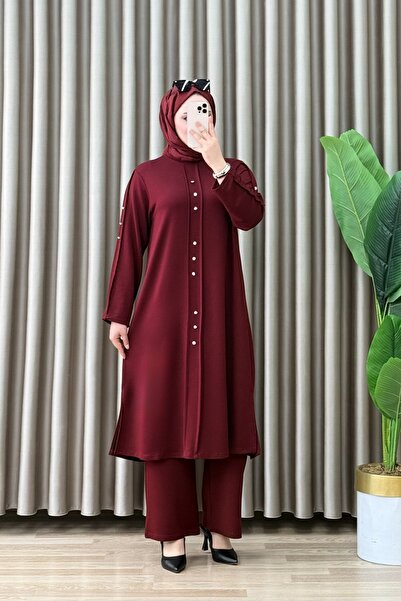 ALYA ESİN TAKIM Bordo Kristal Kumaş Kadın Düğme Detaylı Pantolonlu İkili Takım