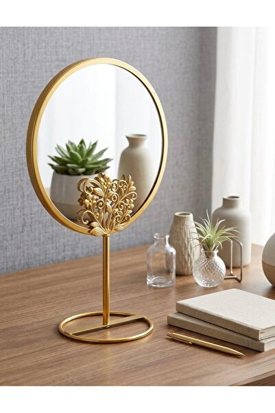 DEVADA HOME Gold Metal Ayaklı Yuvarlak Dekoratif Masa Aynası Şık Tasarım