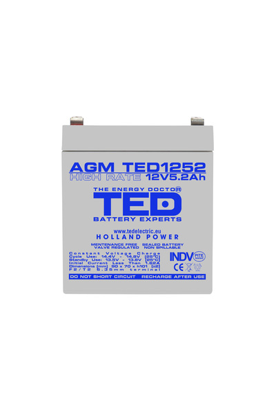 TED Electric Acumulator Staționar Etans AGM VRLA 12V 5.2A F2 T2 De Curent Ridicat, Dimensiuni 90mm x 70mm x h101mm