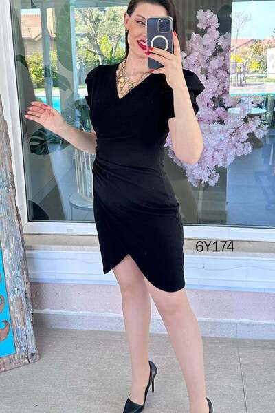 İnce Topuk Double-Breasted Collar Gathered Crepe Dress 6Y174