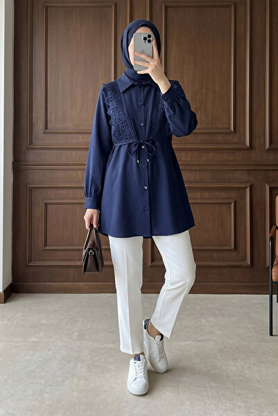MODAQU Lace-Up Front Poplin Navy Blue Tunic with Lace Detail