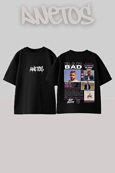 Anetos Μπλουζάκι Bad Bunny Design με τύπωμα Cotton Black oversized