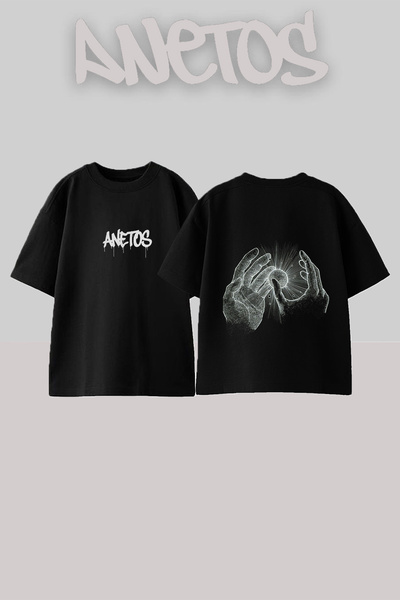 Anetos Μπλουζάκι Hands Energy Design με στάμπα στην πλάτη, βαμβακερό μαύρο ov...