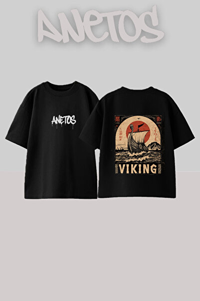 Anetos Βαμβακερό μπλουζάκι Viking Ship 1 με στάμπα στην πλάτη, μαύρο, oversize