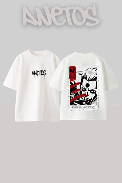 Anetos Immortal Anime Design Βαμβακερό λευκό μπλουζάκι με στάμπα στην πλάτη