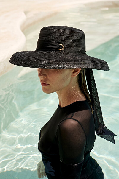 Remsa Mayo Wide Brim Ribbon Tie Detail Curved Straw Hat 2126 Black