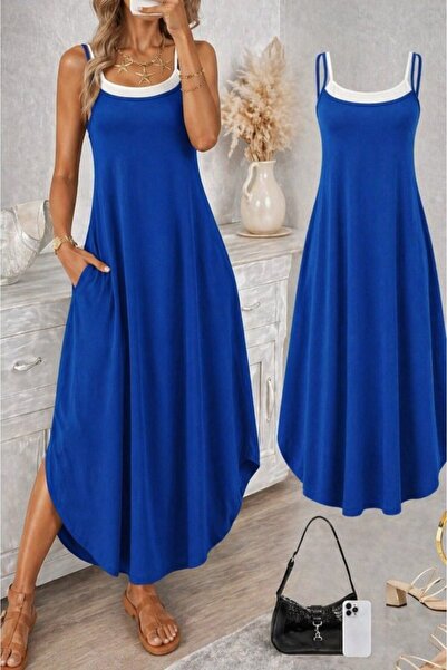 JANES Women's Rope Strap Round Neck Long Viscose Dress with Pockets