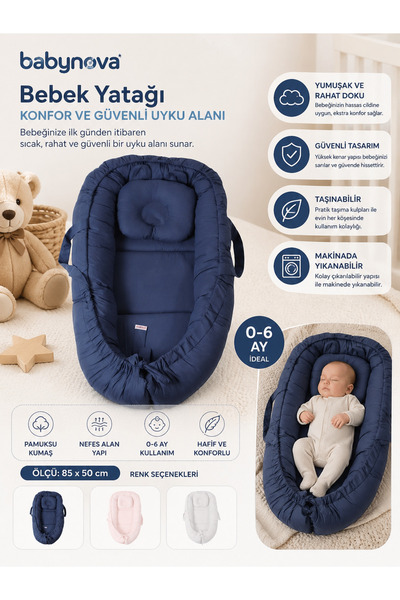babyist • Babynova Taşınabilir Bebek Yatağı - 85x50 cm Pamuksu Dokulu Babynest