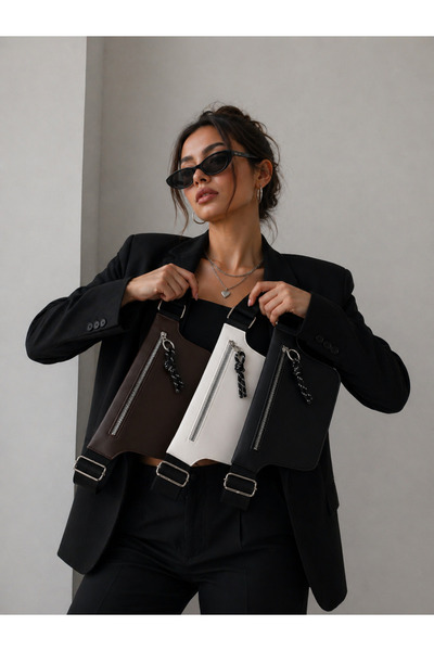 NOTHING Γυναικεία τσάντα 3 τεμαχίων σε καφέ, λευκό και μαύρο χρώμα, με θήκες ...