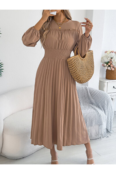 Take Two By Styli Beige Pleated A-Line Midi Dress