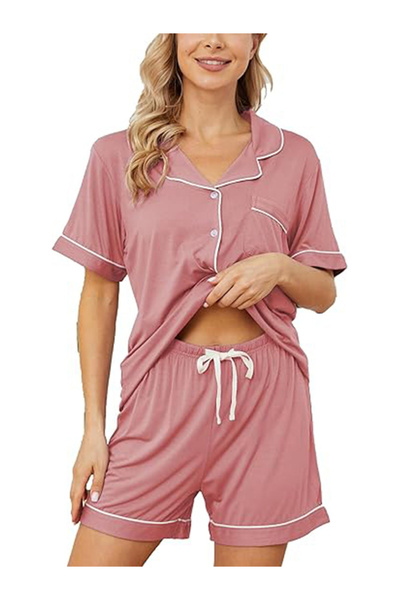 Take Two By Styli Pink Solid Piping Detail Shirt and Shorts Set