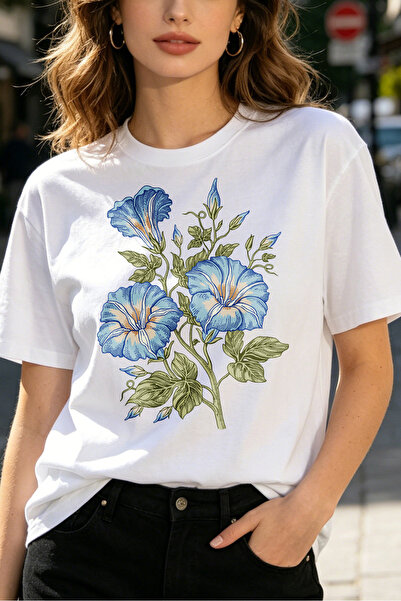 Fleck Womens T Shirts Floral Blue Morning Glory Print Casual Loose Fit Summer...